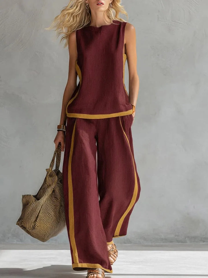 Burgundy sleeveless tank and wide-leg pants set with gold-toned color-block trim