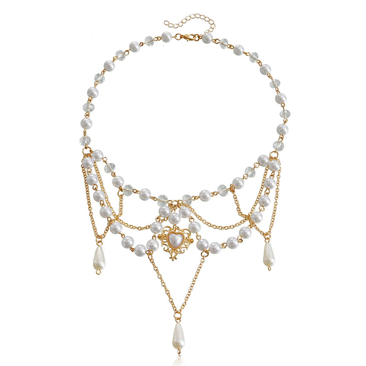 Ivory pearl multi-strand necklace with heart and teardrop dangles, gold-tone frame
