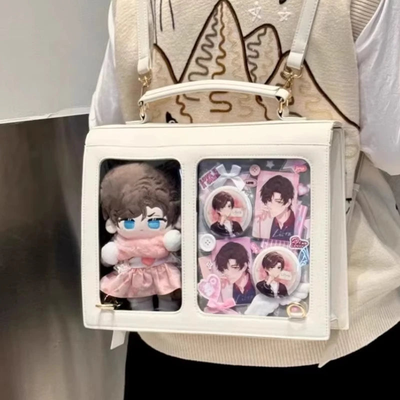 White crossbody bag with transparent front panels and adjustable shoulder strap