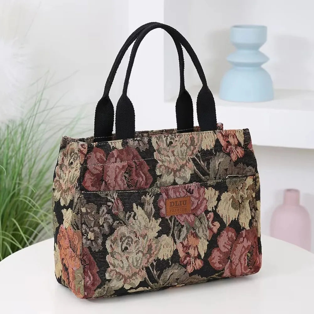 Floral Canvas Zip Tote With Jacquard Detail & Large Capacity