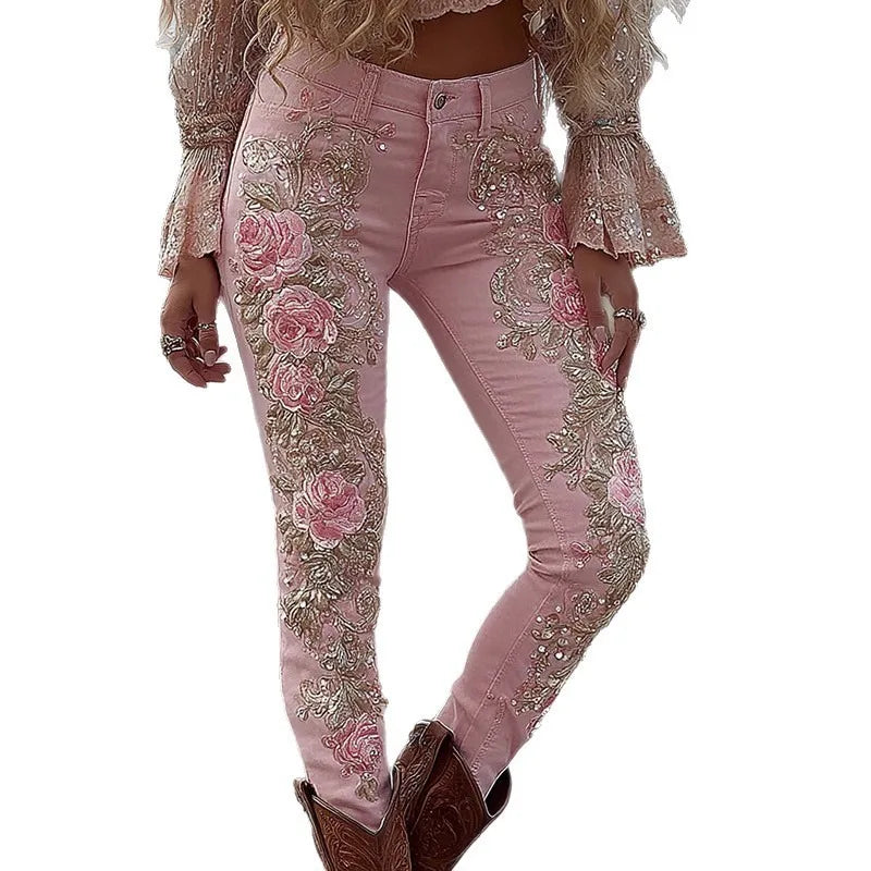 Pink denim jeans with high waist and straight legs, rose floral embroidery with gold trim