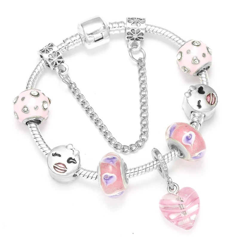 Silbernes Schlangenketten-Armband mit rosa Glasperlen, Tiergesicht-Charms und Herz-Anhänger