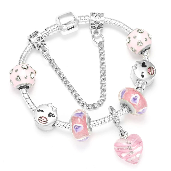 Silbernes Schlangenketten-Armband mit rosa Glasperlen, Tiergesicht-Charms und Herz-Anhänger