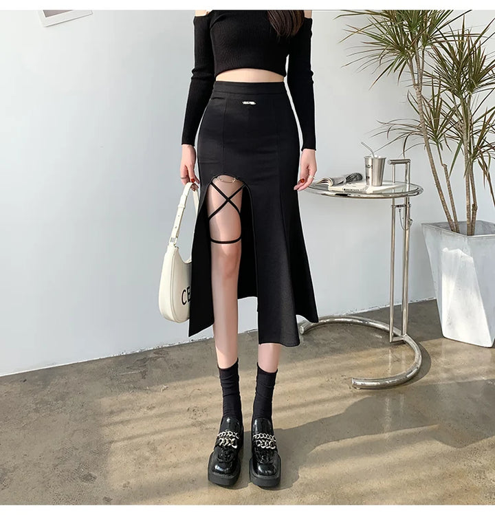 Irregular Side Lace Up Slit High Waist Mid-Calf Bandage Skirts