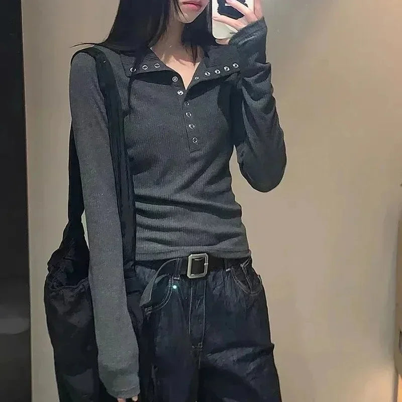 Dark grey ribbed knit long-sleeve shirt with button placket and studded collar detail