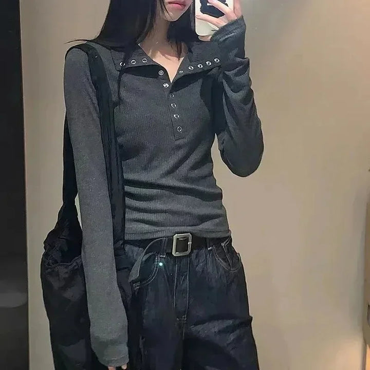 Dark grey ribbed knit long-sleeve shirt with button placket and studded collar detail