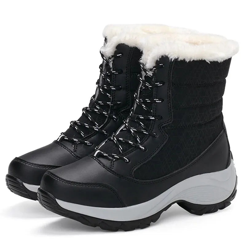 Women's lace-up winter snow boots, black with white plush cuff and thick tread sole