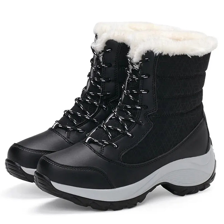 Women's lace-up winter snow boots, black with white plush cuff and thick tread sole