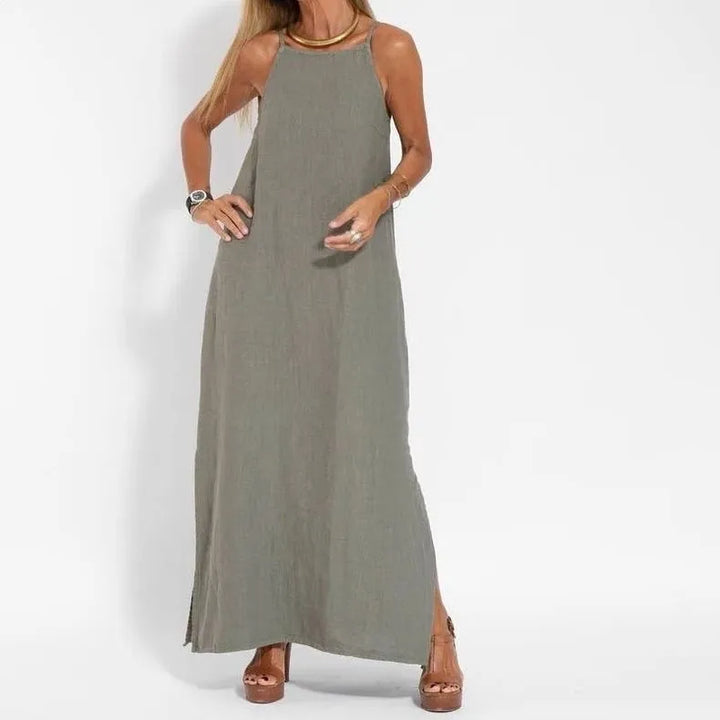 Women's Side Split Cotton Linen Summer Dress | Soft Neutral Tones