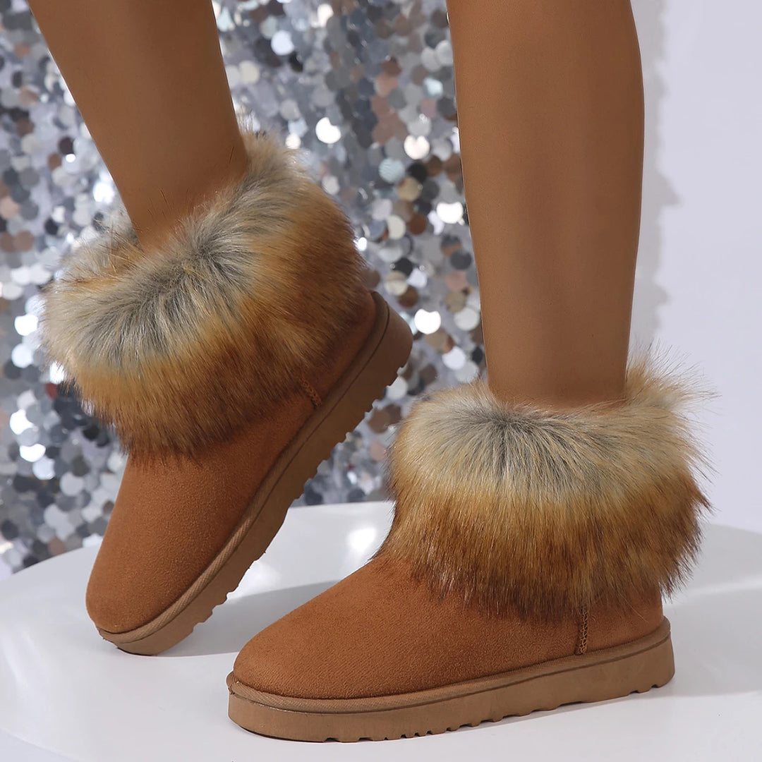 Brown plush-lined suede platform boots with faux fur ankle cuff and flat sole