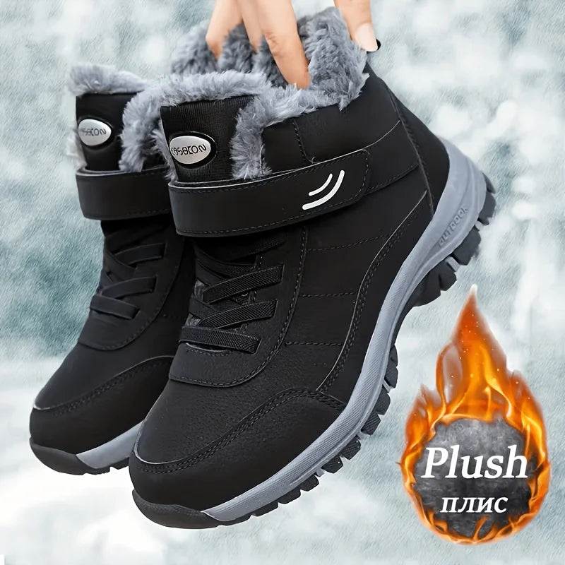 Black winter snow boots held in hand with plush collar and hook-and-loop strap
