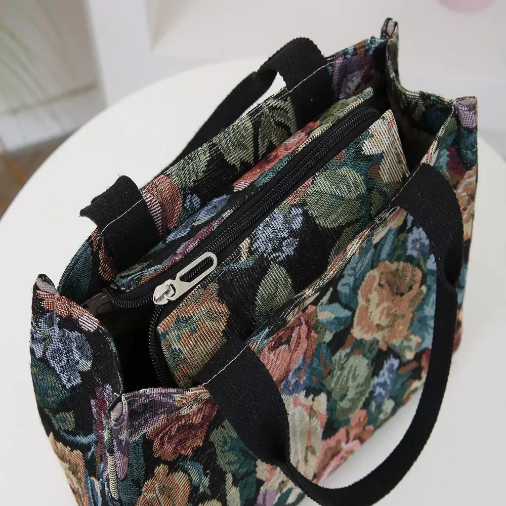Floral Canvas Zip Tote With Jacquard Detail & Large Capacity