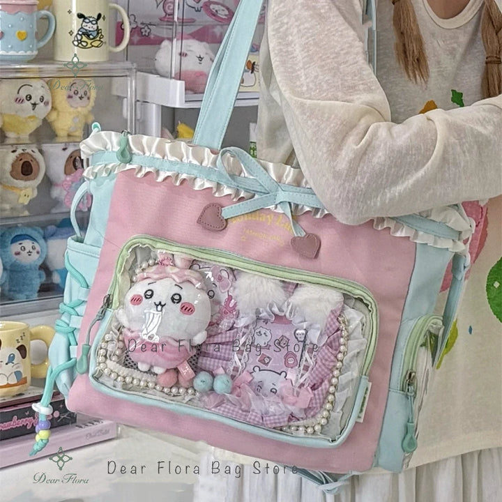 Y2K Lace Bow Transparent Tote — Sweet Lolita Patchwork Shoulder Bag With Insert