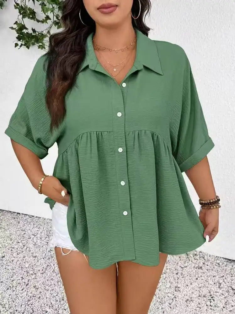 Dollish Collar Button-Up Loose Puff Hem Half Sleeve Plus Size Women's Shirts | Bold Flattering Fit