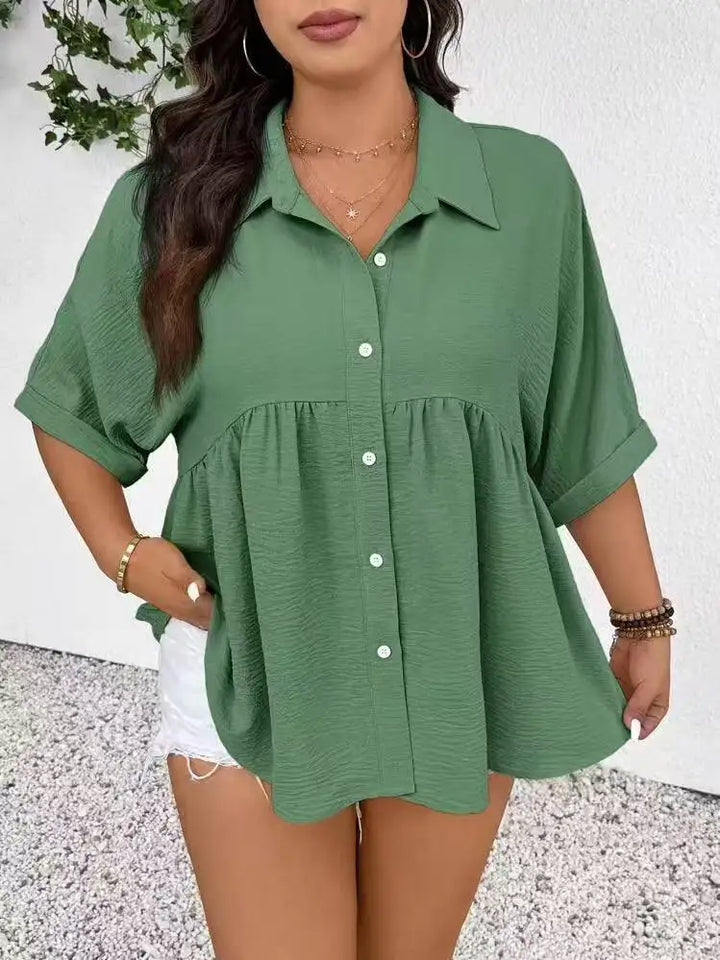 Dollish Collar Button-Up Loose Puff Hem Half Sleeve Plus Size Women's Shirts | Bold Flattering Fit