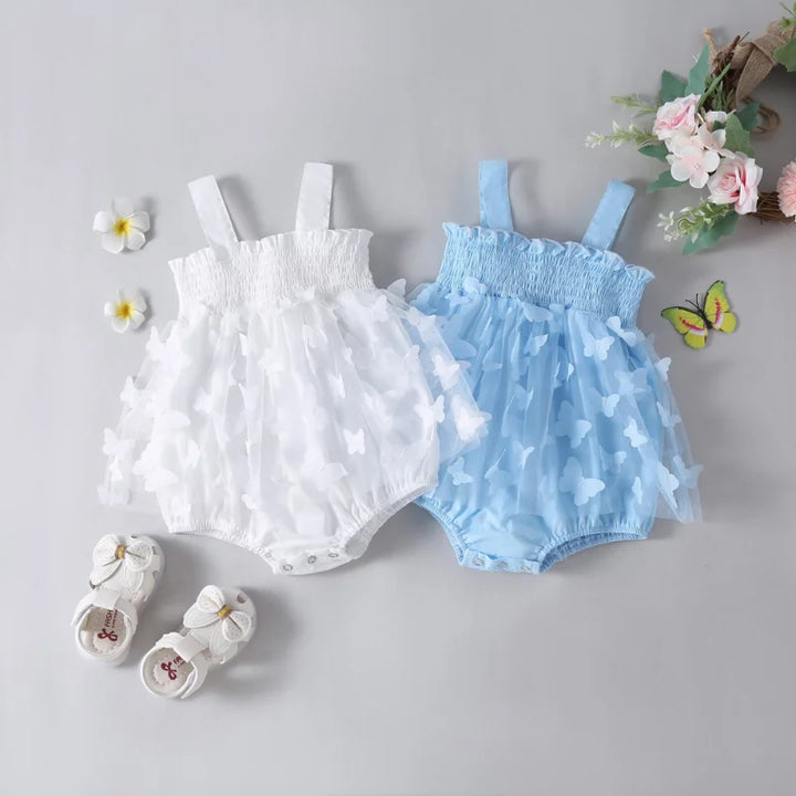 Sleeveless Straps Cotton Mesh Lace Butterfly Rompers