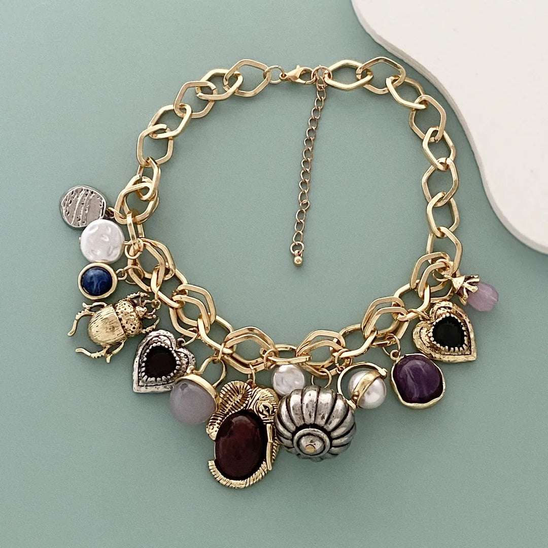 Women's Necklaces - Retro Shell Heart Stone Pendant Choker Gold Silver