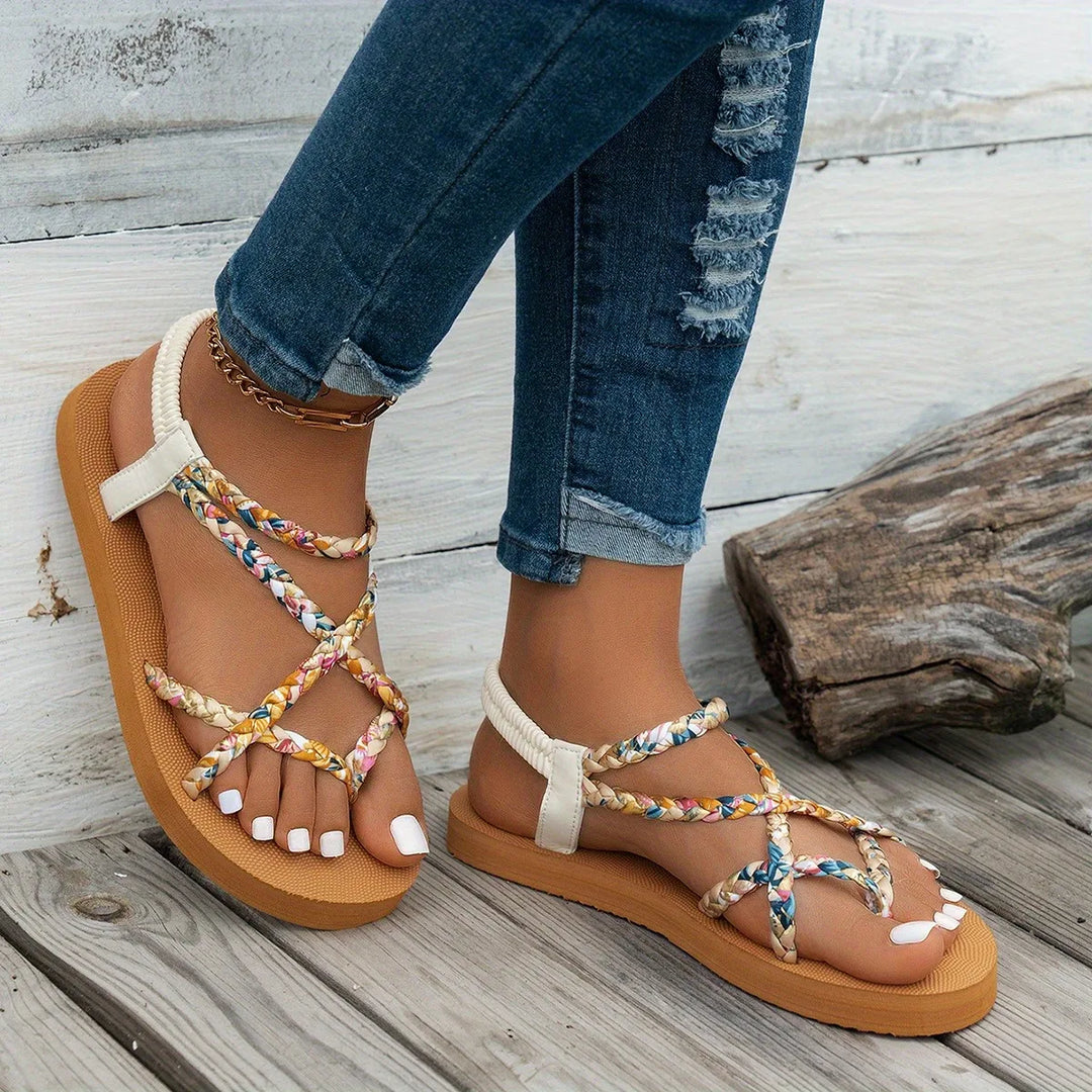 Damen-Sandalen mit breiten Knotenriemen, mehrfarbig geflochten, beige Sohle
