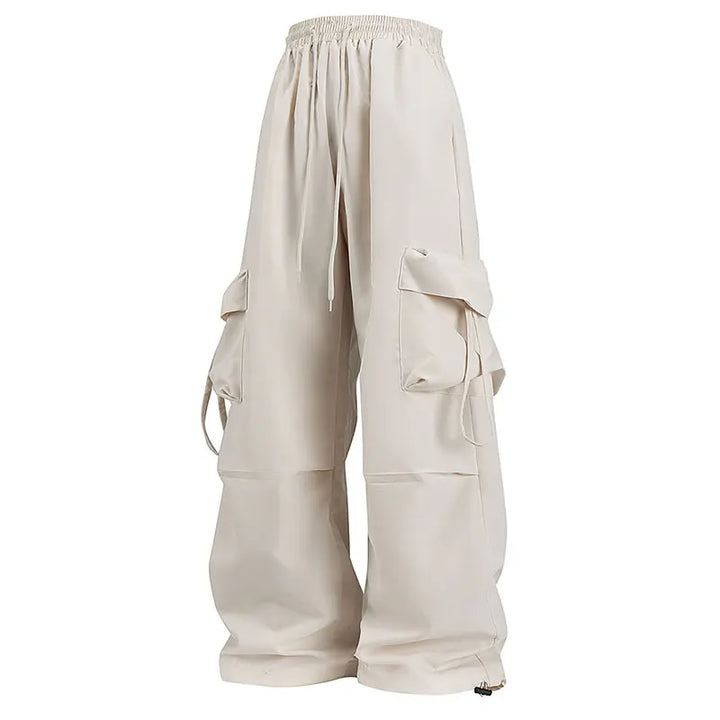 Beige Damen-Cargohose mit Taschenklappen und Kordelzug