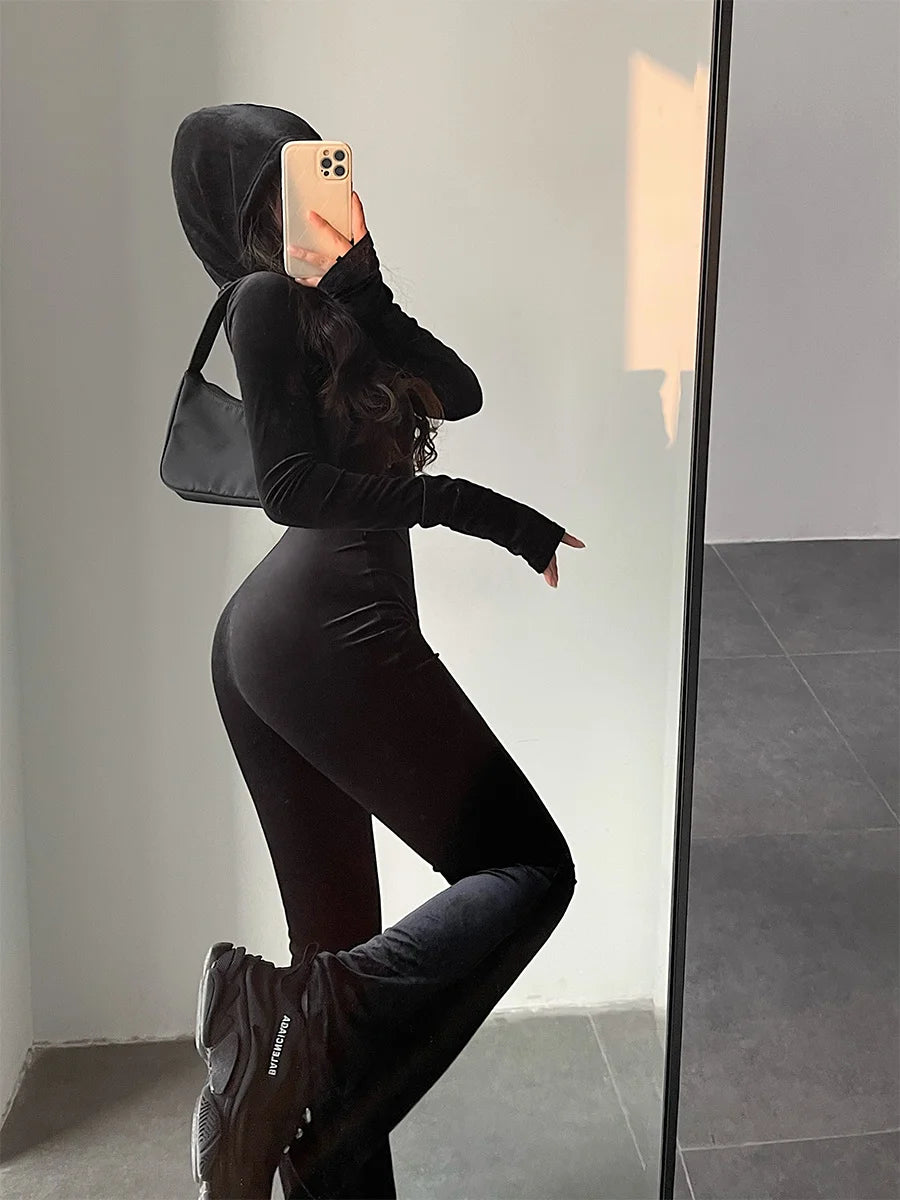 Black Velvet Slim Fit Hooded Zipper Jumpsuits