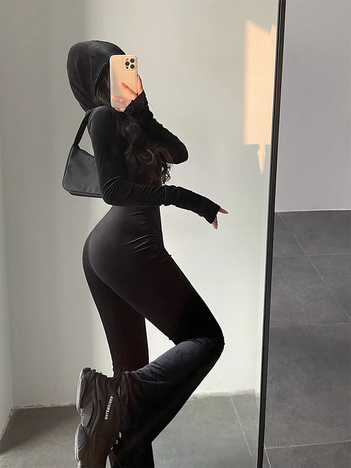 Black Velvet Slim Fit Hooded Zipper Jumpsuits
