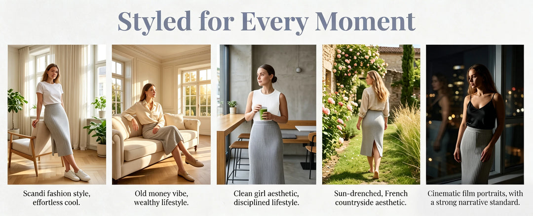 Light gray ribbed knit skirt shown in five styling looks, from casual to evening wear.