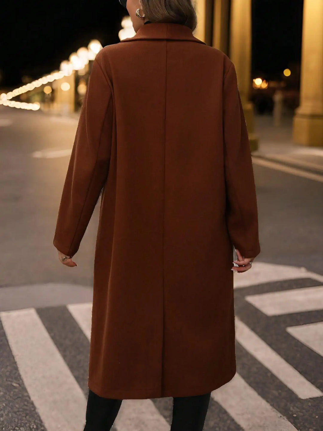 Women's brown wool-blend trench coat, back view with long straight silhouette