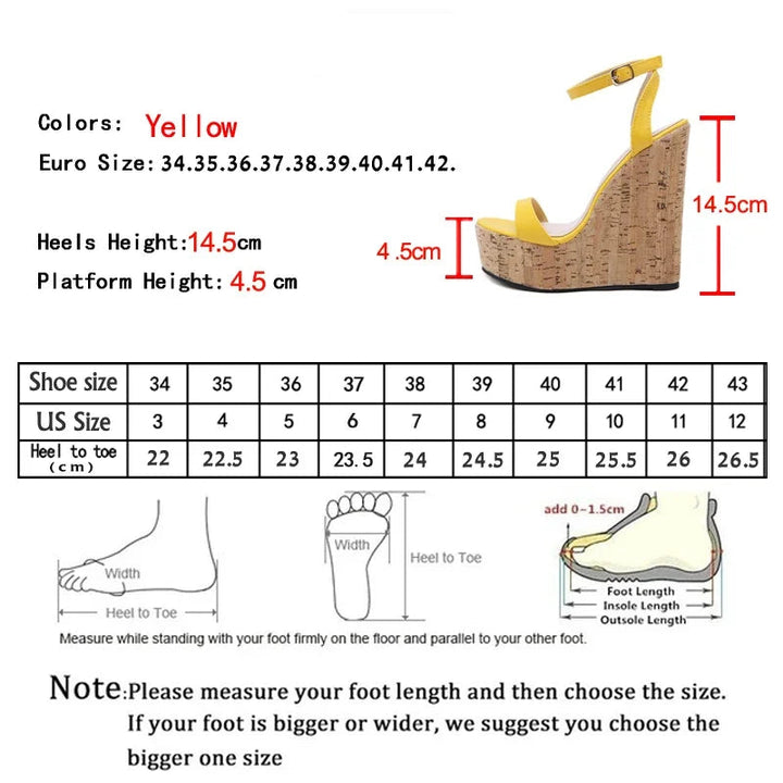 Eilyken women’s yellow platform wedge sandals with ankle buckle strap and cork-style heel