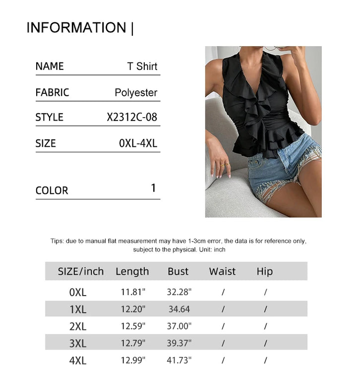 Product information card for a black ruffled t-shirt with size chart and model wearing the garment.