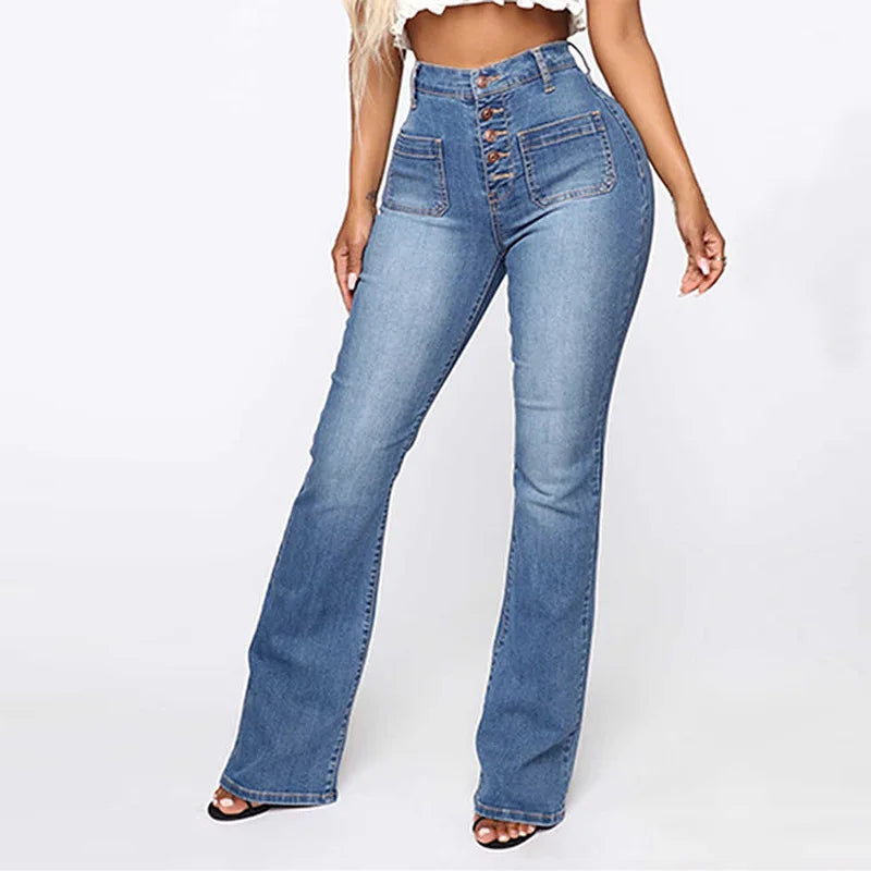Light blue high-waist denim jeans with button fly and flap pocket detail