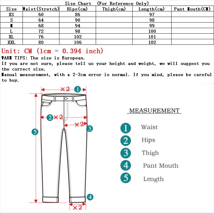 Denim jeans size chart reference with measurements for waist, hips, thigh, length