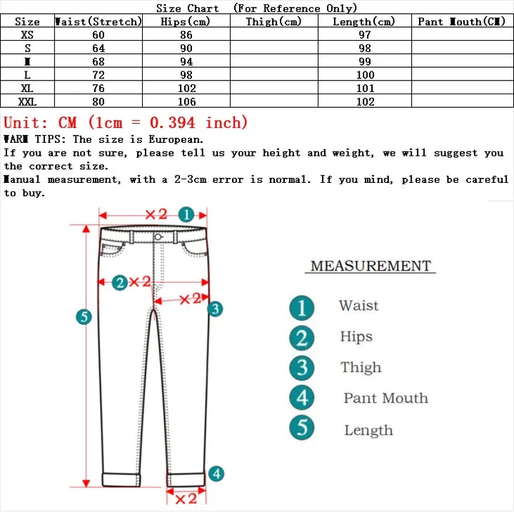 Denim jeans size chart reference with measurements for waist, hips, thigh, length