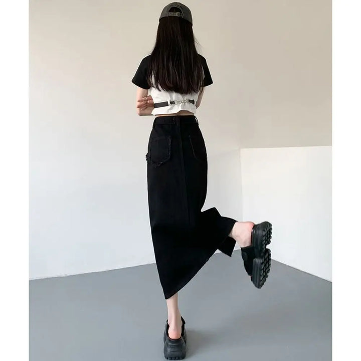 Vintage Irregular Slit Mid-Length Retro High Waist Denim Skirts