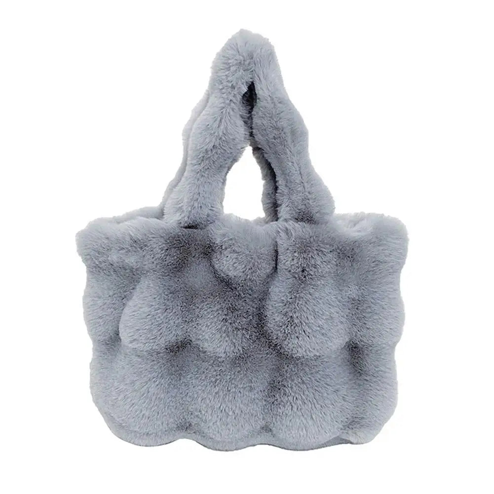 Light blue-gray plush faux fur bucket handbag with short loop handles