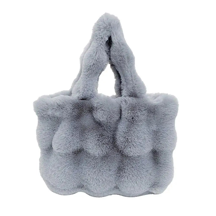 Light blue-gray plush faux fur bucket handbag with short loop handles