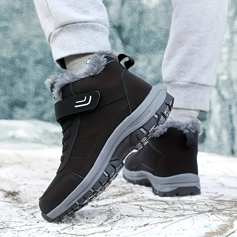 Black winter snow boots with plush lining and hook-and-loop strap, sturdy rubber sole