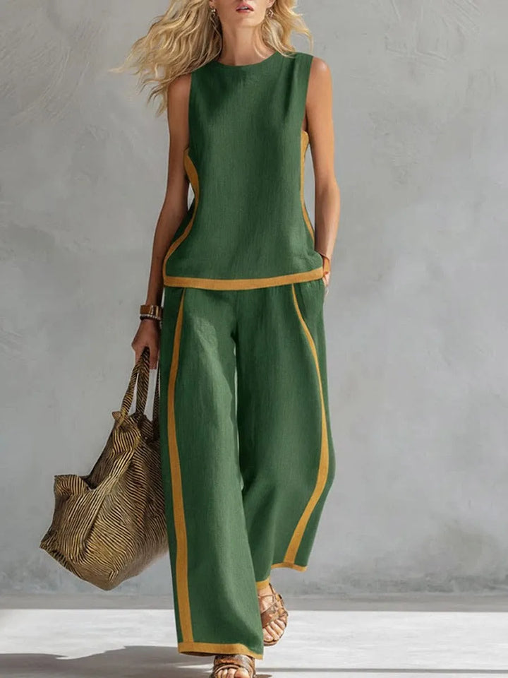 Green sleeveless tank and wide-leg pants set with gold-toned color-block trim