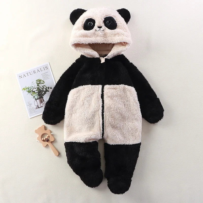 Children's panda costume on a white background with a magazine and toy nearby.