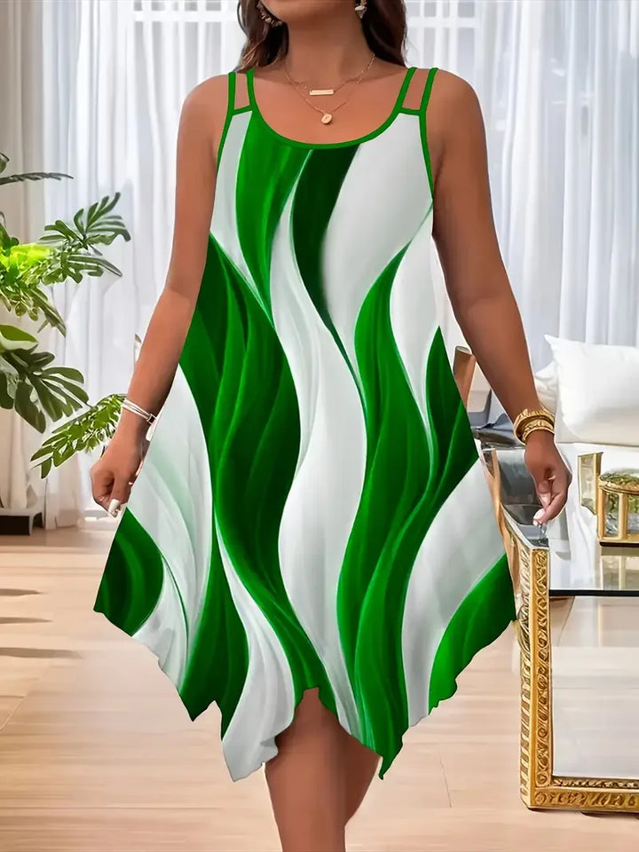 Woman wearing a green and white dress in a living room setting