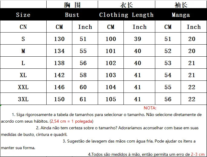 Size chart table with bust, clothing length, sleeve length measurements by size