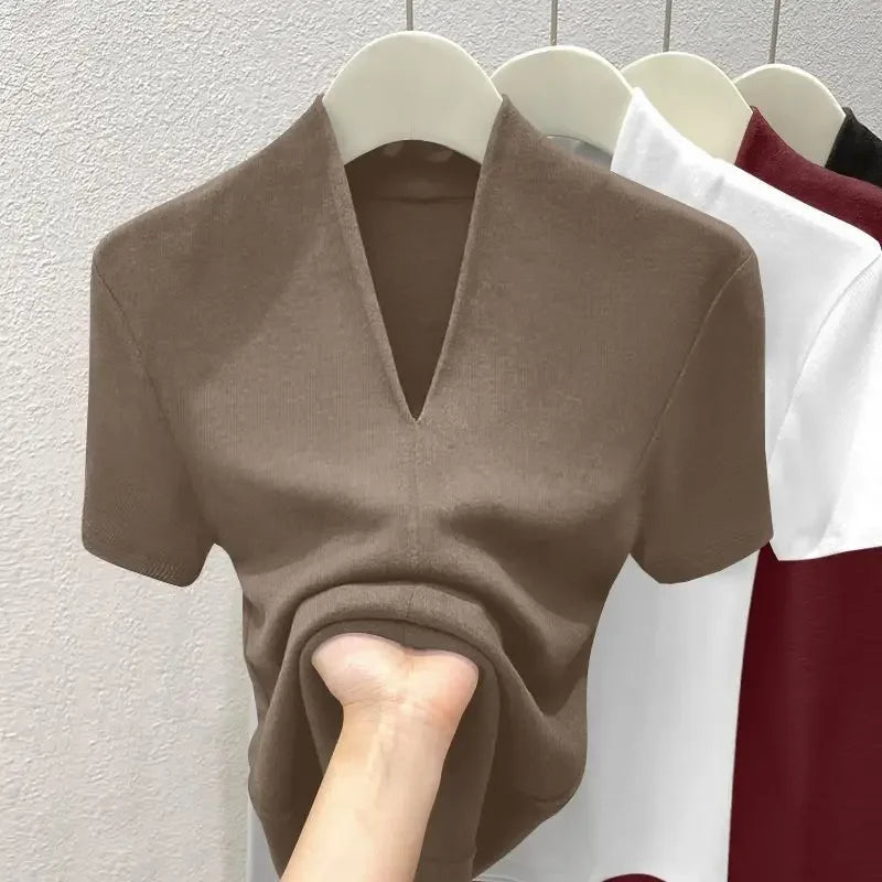 Khaki slim-fit V-neck women’s summer top, short sleeves with smooth fitted shape