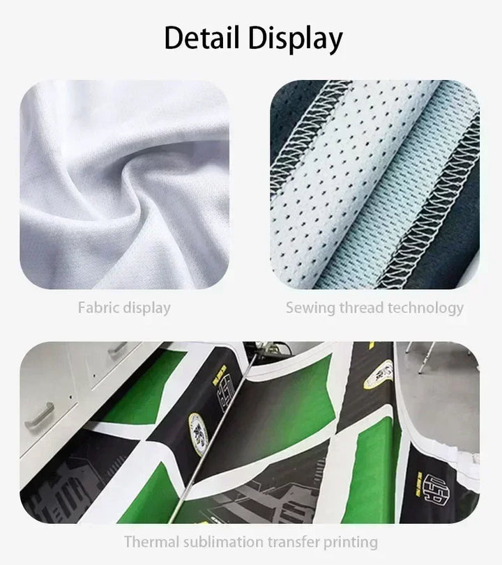 Clothing fabric detail display showing texture, stitching, and transfer print examples