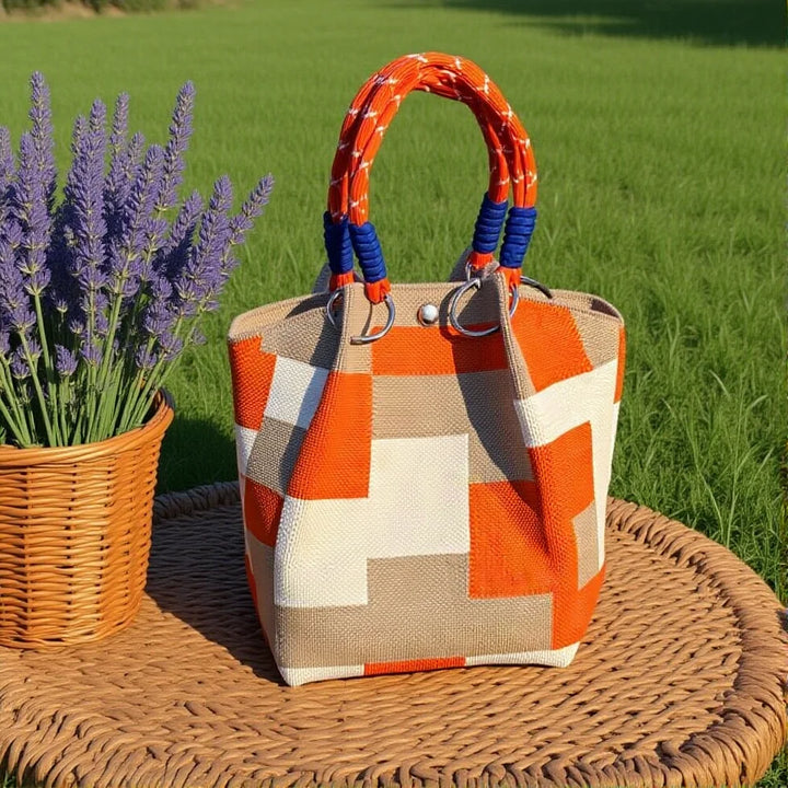Color-block satchel bag with orange and cream geometric panels, blue handle trim.