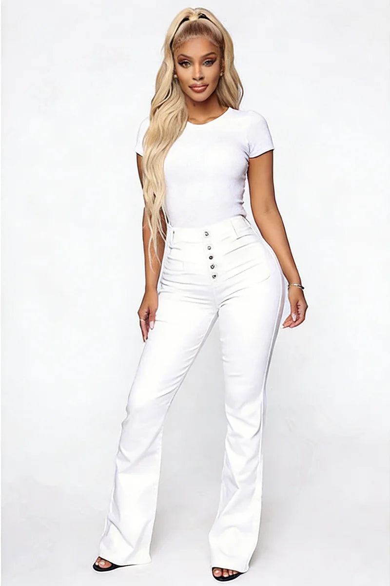 White high-waist denim jeans with button fly and flap pocket detail