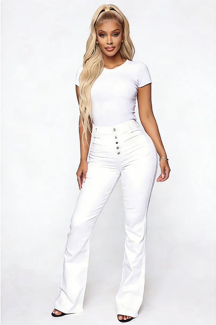 White high-waist denim jeans with button fly and flap pocket detail