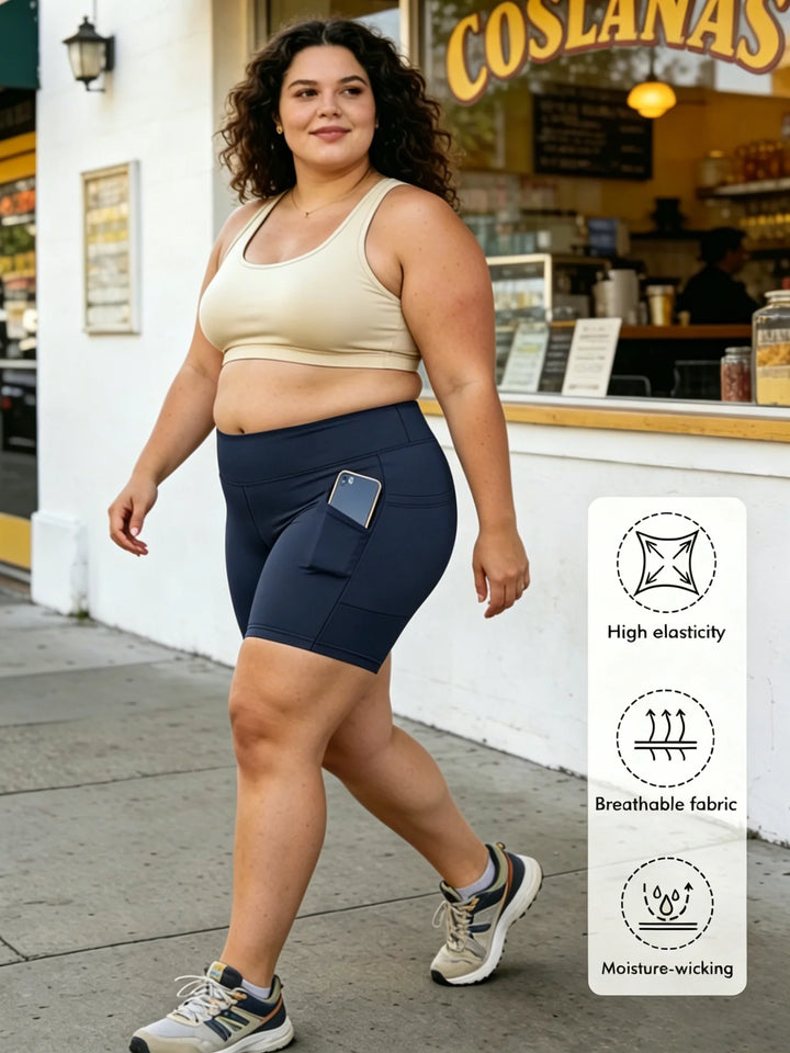 High-waist tummy control biker shorts, dark navy blue, side pocket detail