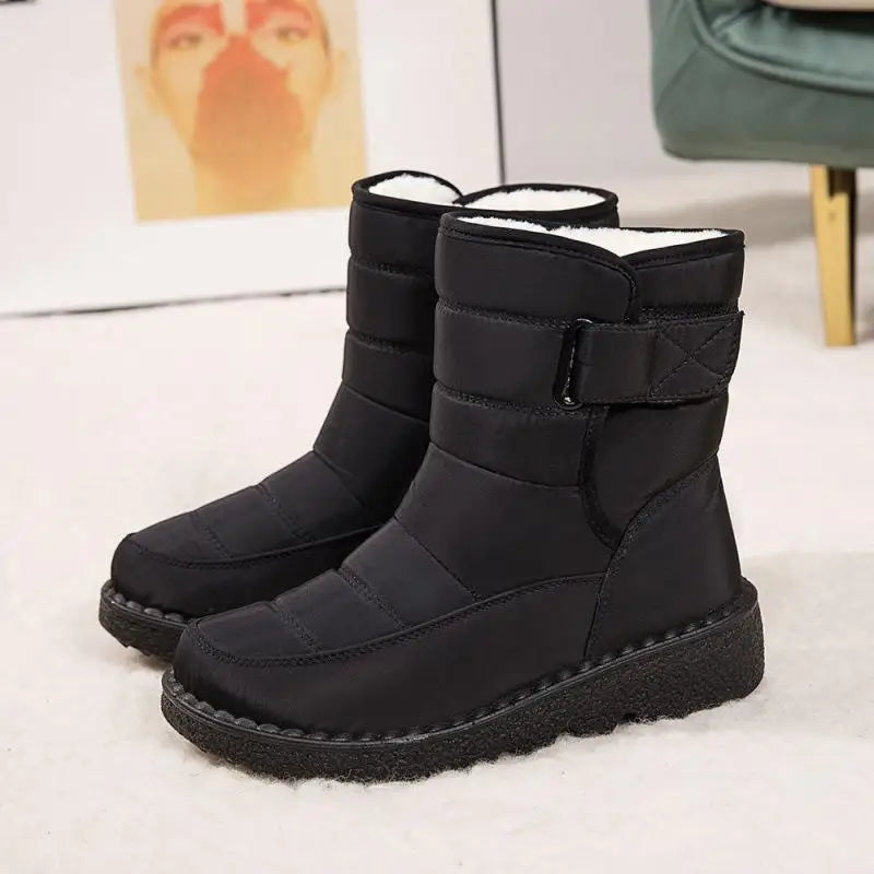 Black winter boots with white lining on a light background