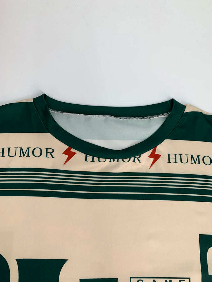 Plus-size knit T-shirt neckline with dark green collar band and 'HUMOR' stripe pattern