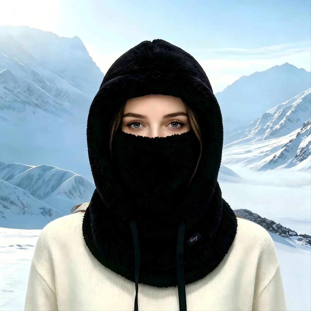 Black plush thermal hood beanie with face mask and adjustable drawstring ties