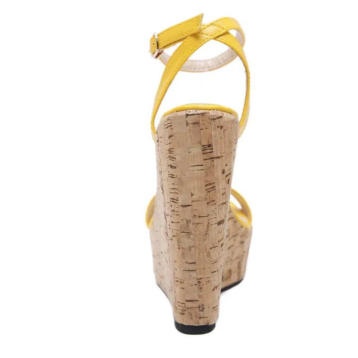 Eilyken women’s yellow platform wedge sandals with ankle buckle strap, viewed from the back